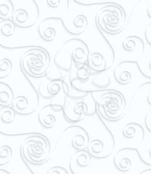Quilling paper many spirals.White geometric background. Seamless pattern. 3d cut out of paper effect with realistic shadow.