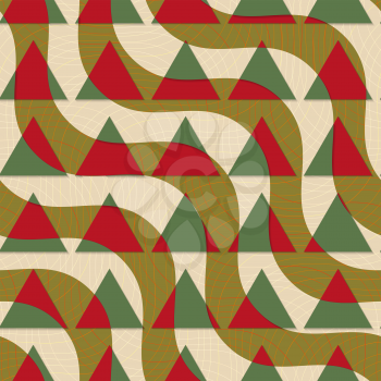 Retro 3D green and brown diagonal waves with triangles.Abstract layered pattern. Bright colored background with realistic shadow and thee dimentional effect.