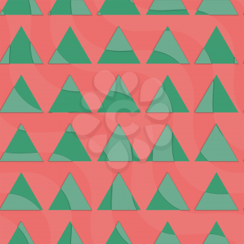 Retro 3D green triangles on red.Abstract layered pattern. Bright colored background with realistic shadow and thee dimentional effect.