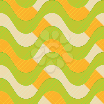 Retro 3D green waves with orange stripes.Abstract layered pattern. Bright colored background with realistic shadow and thee dimentional effect.