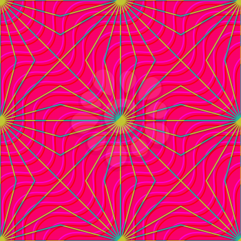 Retro 3D magenta waves and yellow rays.Abstract layered pattern. Bright colored background with realistic shadow and thee dimentional effect.