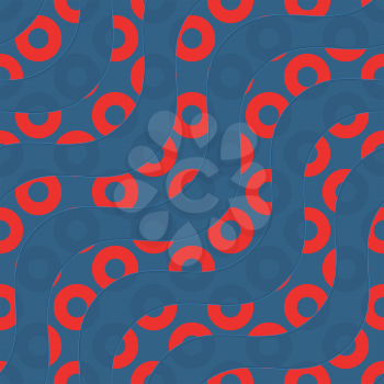 Retro 3D red blue waves and donates.Abstract layered pattern. Bright colored background with realistic shadow and thee dimentional effect.