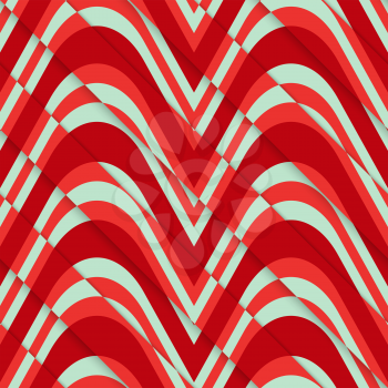 Retro 3D red green diagonal cut waves.Abstract layered pattern. Bright colored background with realistic shadow and thee dimentional effect.