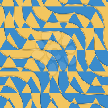 Retro 3D yellow and blue waves with cut out triangles.Abstract layered pattern. Bright colored background with realistic shadow and thee dimentional effect.
