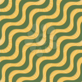 Retro 3D yellow green waves and rays.Abstract layered pattern. Bright colored background with realistic shadow and thee dimentional effect.