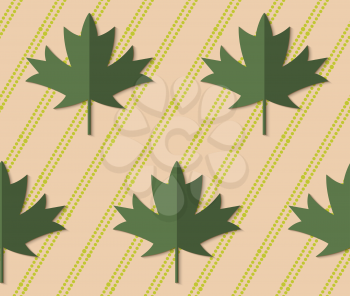 Retro fold deep green maple leaves on diagonal dots.Abstract geometrical ornament. Pattern with effect of folded paper with realistic shadow. Vintage colored simple shapes on textured background.