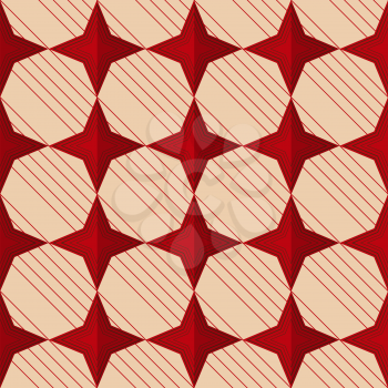 Retro fold red stars.Abstract geometrical ornament. Pattern with effect of folded paper with realistic shadow. Vintage colored simple shapes on textured background.