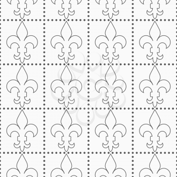 Shades of gray contoured Fleur-de-lis with dots.Seamless stylish geometric background. Modern abstract pattern. Flat monochrome design.