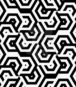Black and white striped turned overlapping hexagons.Seamless stylish geometric background. Modern abstract pattern. Flat monochrome design.