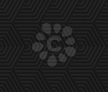 Black textured plastic overlapping hexagons.Seamless abstract geometrical pattern with 3d effect. Background with realistic shadows and layering.