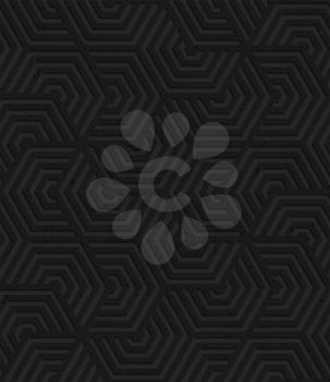 Black textured plastic overlapping hexagons sx turn.Seamless abstract geometrical pattern with 3d effect. Background with realistic shadows and layering.
