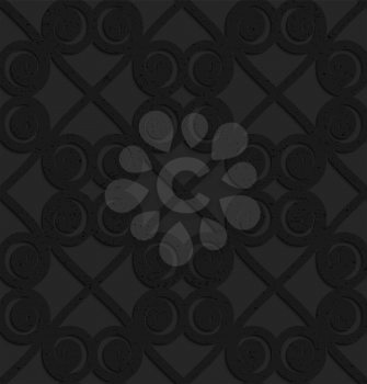 Black textured plastic swirls in square grid.Seamless abstract geometrical pattern with 3d effect. Background with realistic shadows and layering.