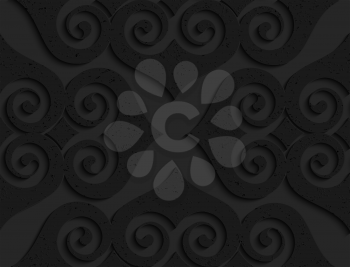 Black textured plastic swirly hearts.Seamless abstract geometrical pattern with 3d effect. Background with realistic shadows and layering.