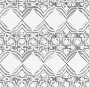 Perforated striped hearts.Seamless geometric background. Modern monochrome 3D texture. Pattern with realistic shadow and cut out of paper effect.