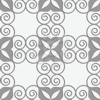 Perforated swirly grid with four foils.Seamless geometric background. Modern monochrome 3D texture. Pattern with realistic shadow and cut out of paper effect.