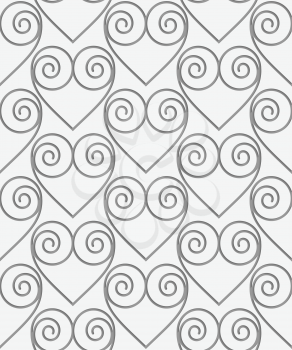 Perforated swirly hearts in grid.Seamless geometric background. Modern monochrome 3D texture. Pattern with realistic shadow and cut out of paper effect.