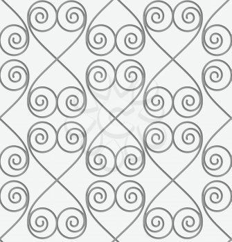 Perforated swirly hearts in turn.Seamless geometric background. Modern monochrome 3D texture. Pattern with realistic shadow and cut out of paper effect.