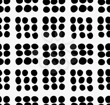 Black marker drawn simple dots forming squares.Hand drawn with paint brush seamless background. Abstract texture. Modern irregular tilable design.