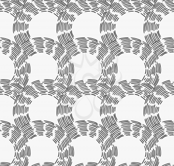 Black marker hatched arc cells.Free hand drawn with ink brush seamless background. Abstract texture. Modern irregular tilable design.