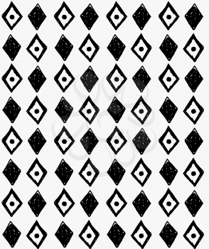 Black marker scribbled diamonds and dots.Free hand drawn with ink brush seamless background. Abstract texture. Modern irregular tilable design.
