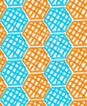 Marker drawn blue and orange checkered hexagons.Hand drawn with marker seamless background.Modern hipster style design.