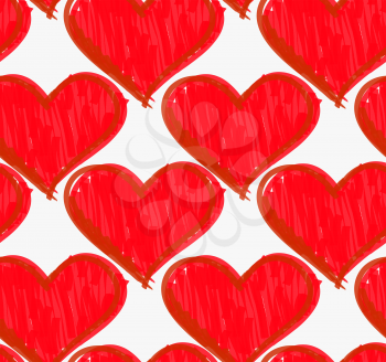 Marker drawn red hatched hearts.Hand drawn with marker seamless background.Modern hipster style design.