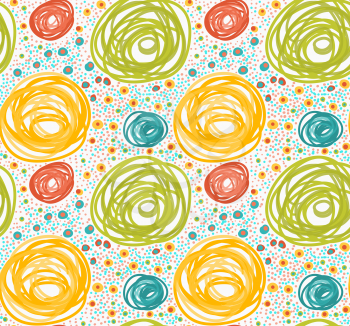 Painted orange and green circles with dots.Hand drawn with paint brush seamless background. Abstract colorful texture. Modern irregular tillable design.