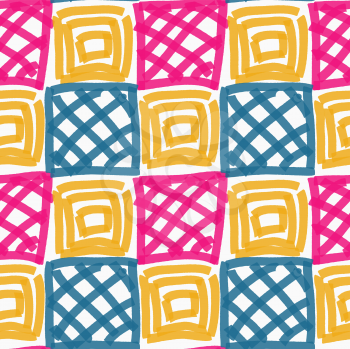 Painted pink blue and yellow squares.Hand drawn with paint brush seamless background. Abstract colorful texture. Modern irregular tillable design.