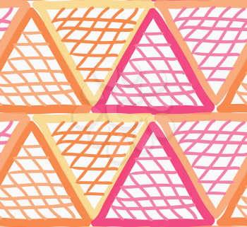 Painted red and orange marker triangles checkered.Hand drawn with paint brush seamless background. Abstract colorful texture. Modern irregular tillable design.
