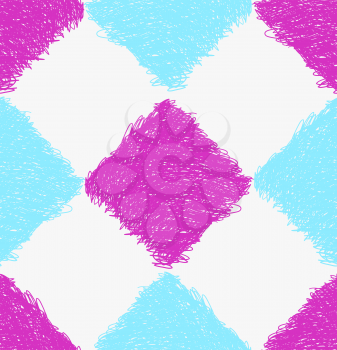Pencil hatched blue and purple squares.Hand drawn with brush seamless background.Modern hipster style design.