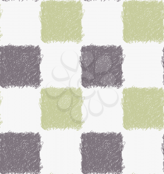 Pencil hatched gray and green squares.Hand drawn with brush seamless background.Modern hipster style design.