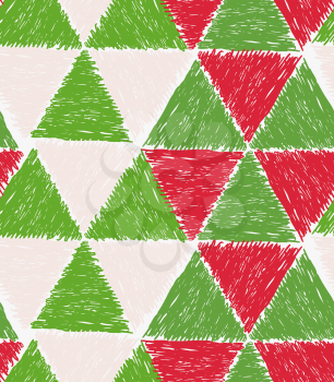 Pencil hatched green and red triangles forming hexagons.Hand drawn with brush seamless background.Modern hipster style design.
