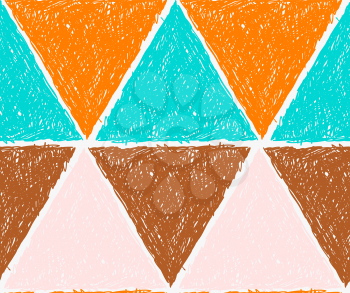 Pencil hatched orange green and brown triangles.Hand drawn with brush seamless background.Modern hipster style design.