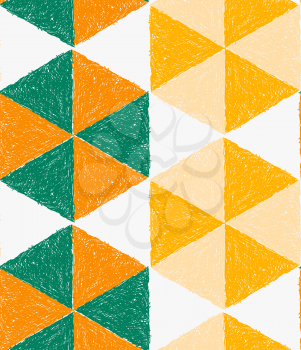 Pencil hatched orange green and yellow triangles forming hexagons.Hand drawn with brush seamless background.Modern hipster style design.