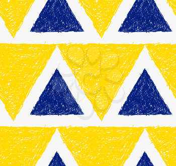 Pencil hatched yellow and blue triangles.Hand drawn with brush seamless background.Modern hipster style design.