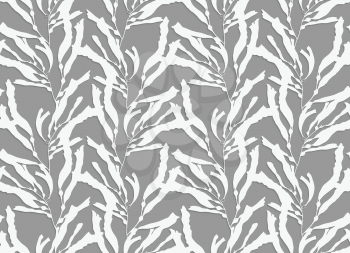 Kelp seaweed 3d white paper cut on gray.Hand drawn with ink seamless background.Modern hipster style design.