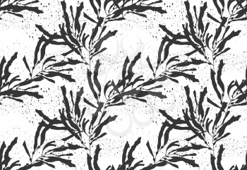 Kelp seaweed black on black texture.Hand drawn with ink seamless background.Modern hipster style design.
