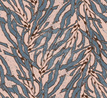 Kelp seaweed blue textured on sand.Hand drawn with ink seamless background.Modern hipster style design.