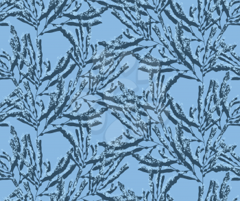 Kelp seaweed blue texture on blue.Hand drawn with ink seamless background.Modern hipster style design.