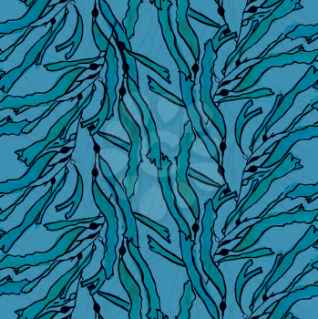 Kelp seaweed blue watercolor.Hand drawn with ink and colored with marker brush seamless background.Creative hand made brushed design.
