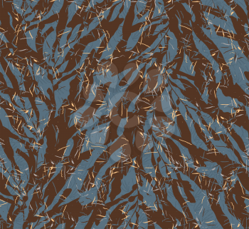 Kelp seaweed brown on blue with yellow texture.Hand drawn with ink seamless background.Modern hipster style design.