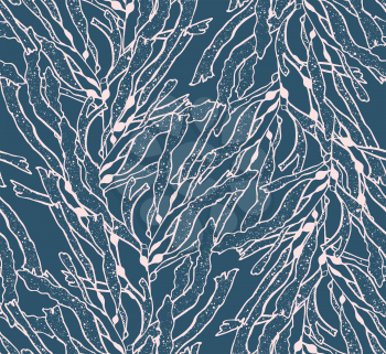 Kelp seaweed pink on blue.Hand drawn with ink seamless background.Modern hipster style design.