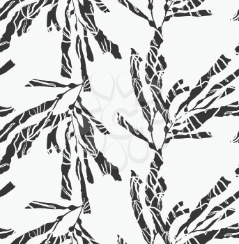 Kelp seaweed textured black on white.Hand drawn with ink seamless background.Modern hipster style design.