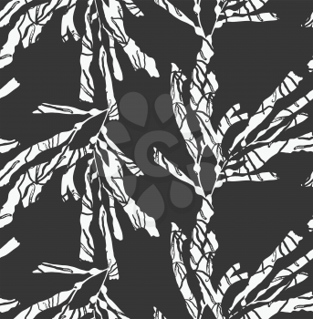 Kelp seaweed textured white on black.Hand drawn with ink seamless background.Modern hipster style design.