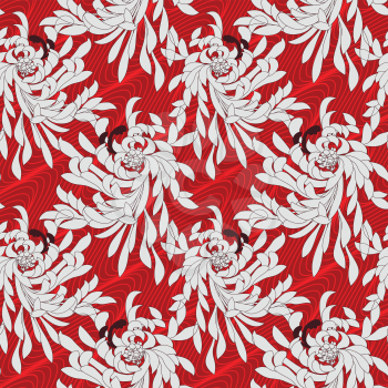 Aster flower on red waves.Seamless pattern. Flower design. 
