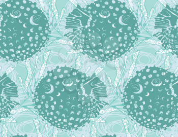 Blowfish green on kelp.Seamless pattern. Sea life. Undewater fabric design.
