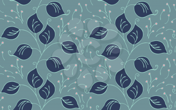 Fabric design leaves blue on green.Hand drawn with ink seamless background.Floral textile pattern.