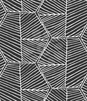 Hatched hexagons forming braid.Black and white simple hatched geometrical pattern.Hand drawn with ink seamless background.Modern hipster style design.