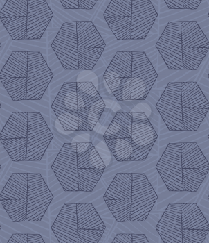 Hatched hexagons layered blue.Simple hatched geometrical pattern.Hand drawn with ink seamless background.Modern hipster style design.
