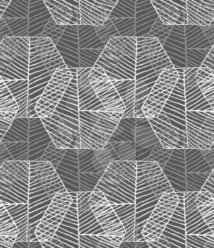 Hatched hexagons overlapping.Black and white simple hatched geometrical pattern.Hand drawn with ink seamless background.Modern hipster style design.